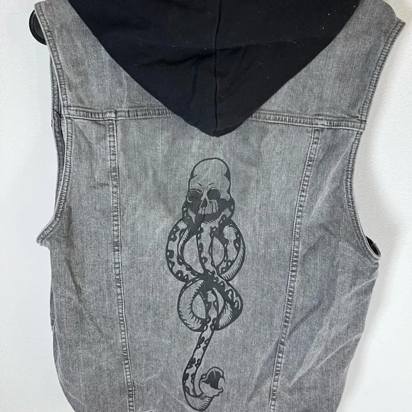 Harry Potter Death Eater Denim Jean Vest Gray Hoodie Men's M - Picture 2 of 5